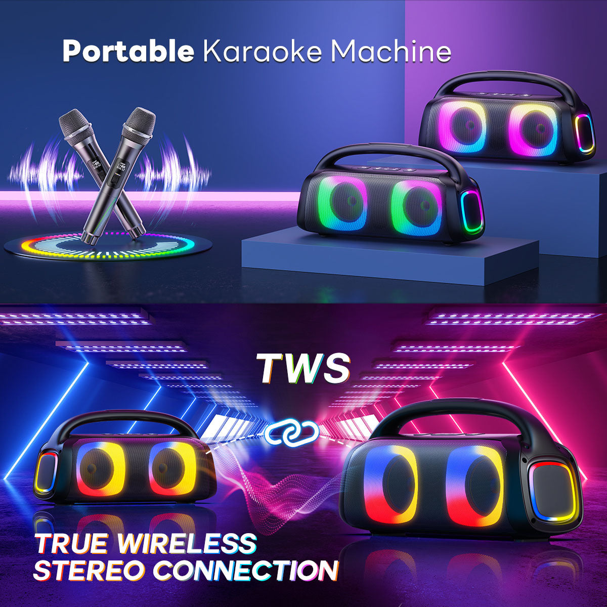 Bluetooth Portable Speaker With 2 Wireless Microphone